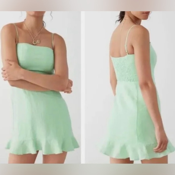 & Other Stories Linen Flounced Hem Mini Dress Mint Green Size 8 (Euro 38) Spring - Picture 1 of 15
